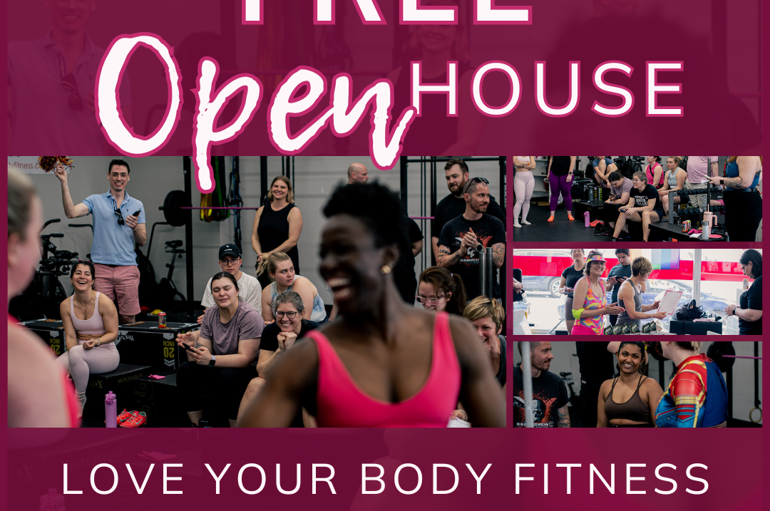 Promotional graphic for Love Your Body Fitness Free Open House on Saturday, October 18th. The design features a vibrant collage of people smiling, exercising, and engaging in a community fitness environment. Large text reads 'Free Open House' with subtext 'Love Your Body Fitness.' Icons at the bottom highlight 'Free Classes,' 'Giveaways,' and 'Free Services' in white and pink tones.