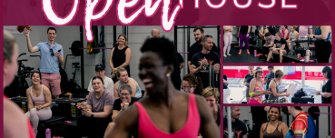 Promotional graphic for Love Your Body Fitness Free Open House on Saturday, October 18th. The design features a vibrant collage of people smiling, exercising, and engaging in a community fitness environment. Large text reads 'Free Open House' with subtext 'Love Your Body Fitness.' Icons at the bottom highlight 'Free Classes,' 'Giveaways,' and 'Free Services' in white and pink tones.