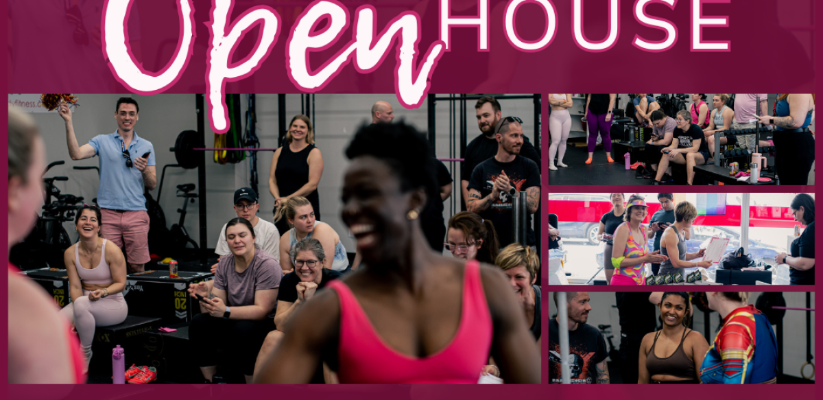 Promotional graphic for Love Your Body Fitness Free Open House on Saturday, October 18th. The design features a vibrant collage of people smiling, exercising, and engaging in a community fitness environment. Large text reads 'Free Open House' with subtext 'Love Your Body Fitness.' Icons at the bottom highlight 'Free Classes,' 'Giveaways,' and 'Free Services' in white and pink tones.